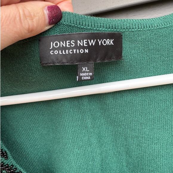Jones New York XL Green Button Front Cardigan Black Chiffon Sequin Bead - Picture 2 of 9